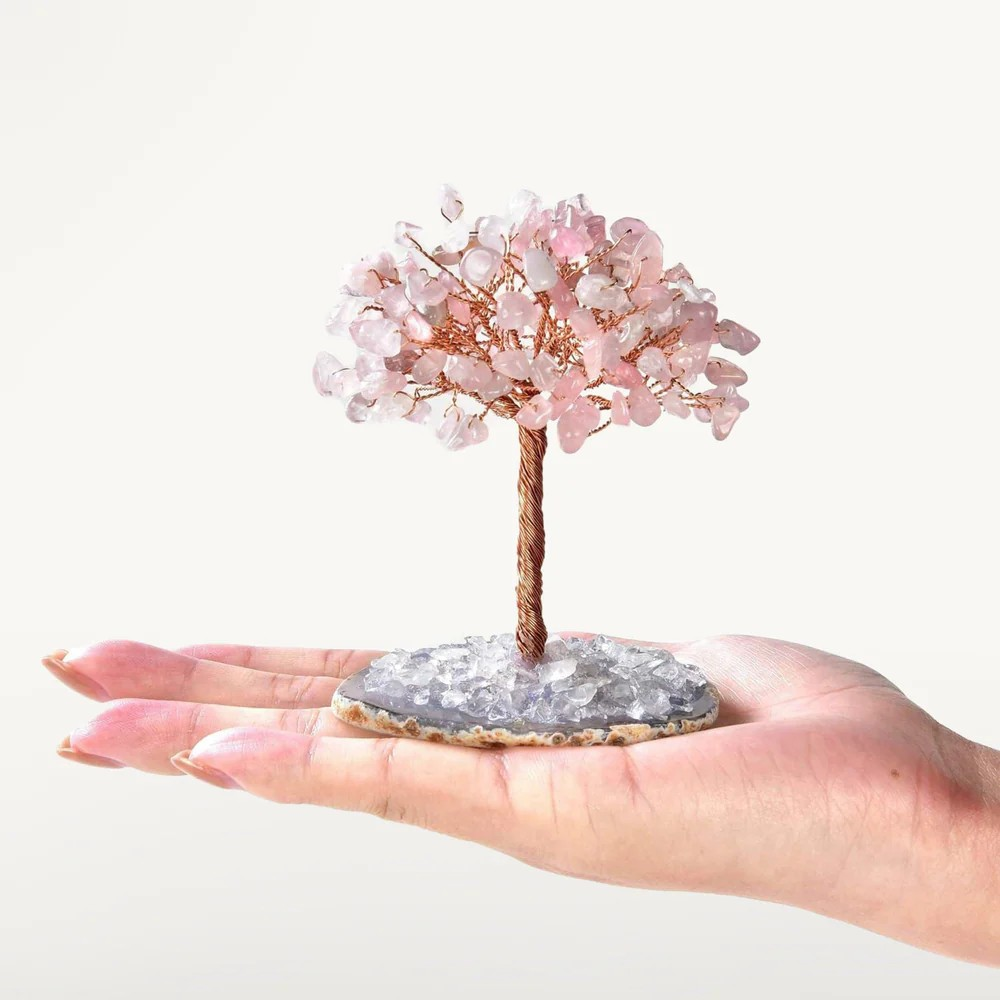 Rose Quartz Natural Gemstone Tree of Life with Agate Base