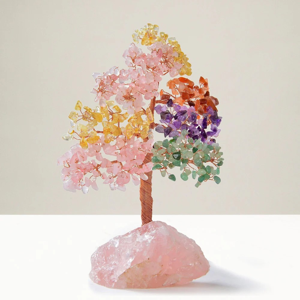 Multi Stone Bonsai Tree of Life on Rose Quartz Base with 414 Crystals
