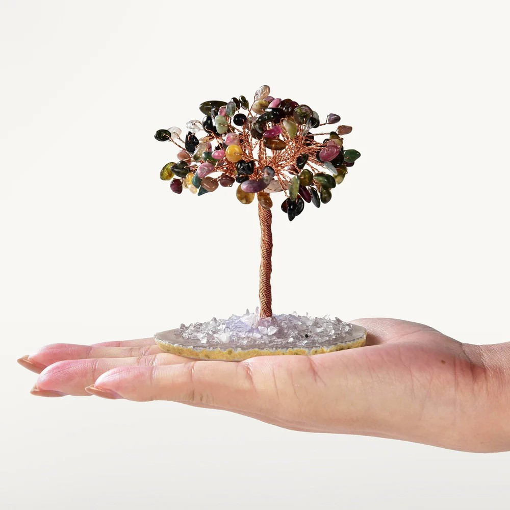 Tourmaline Natural Gemstone Tree of Life with Agate Base