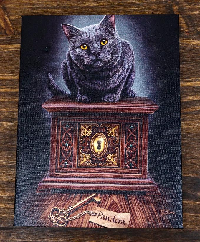 Pandora's Box Witching Hour Black Cat Canvas Framed Wall Art Wall Plaque - Lisa Parker - 7.5" W x 9.85"