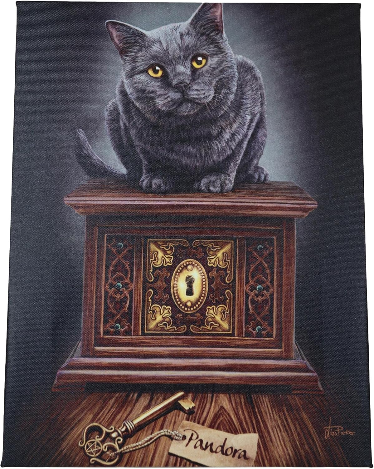 Pandora's Box Witching Hour Black Cat Canvas Framed Wall Art Wall Plaque - Lisa Parker - 7.5" W x 9.85"