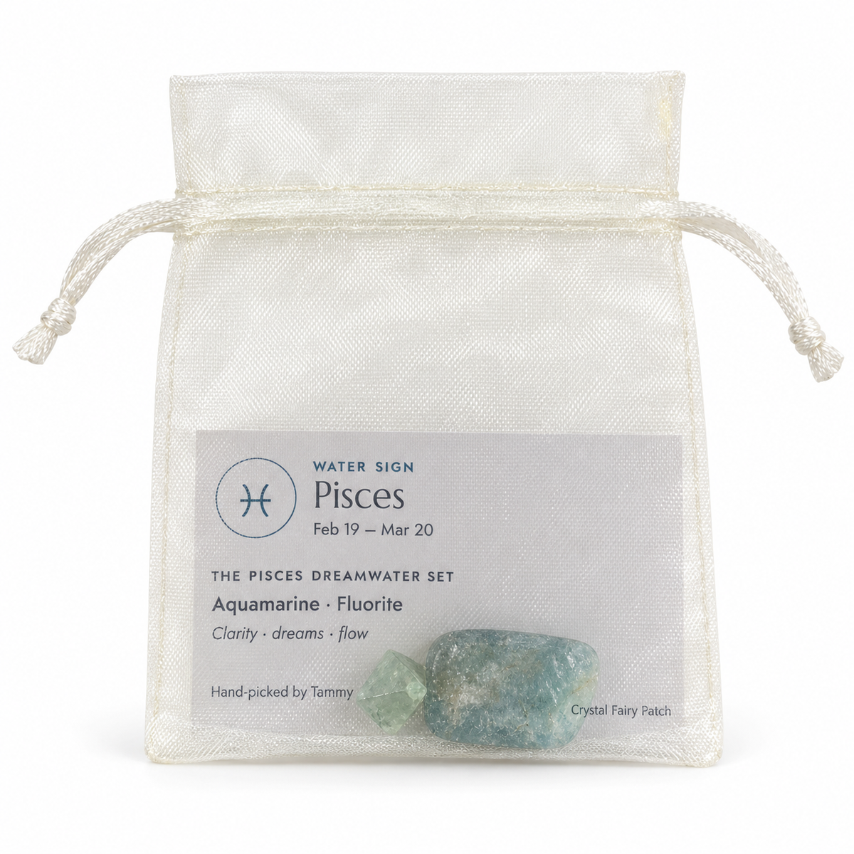 Pisces Dreamwater Set Aquamarine and Fluorite with zodiac card inside ivory organza gift bag