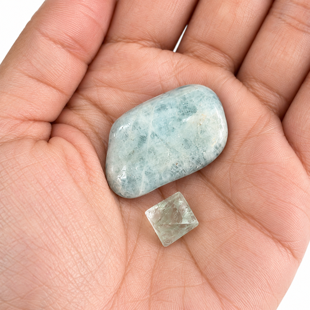 Aquamarine and small Fluorite octahedron in an open palm for size