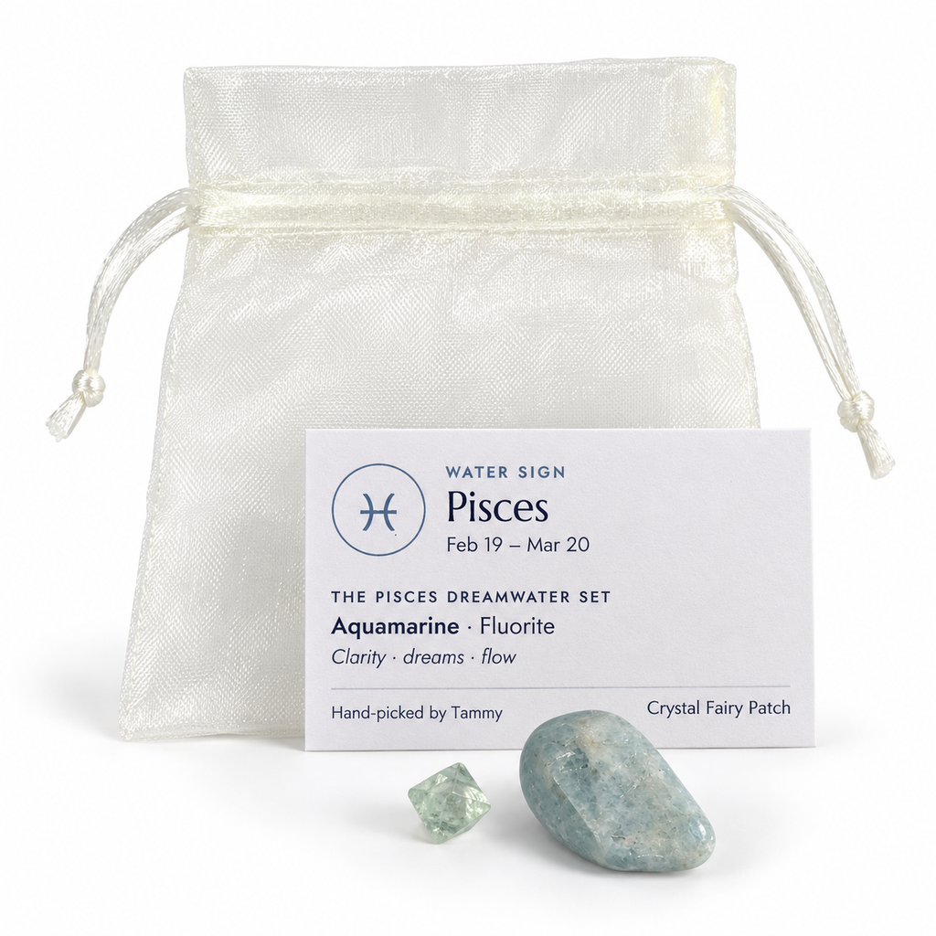 Pisces Dreamwater Set with Aquamarine, Fluorite, zodiac card and gift bag