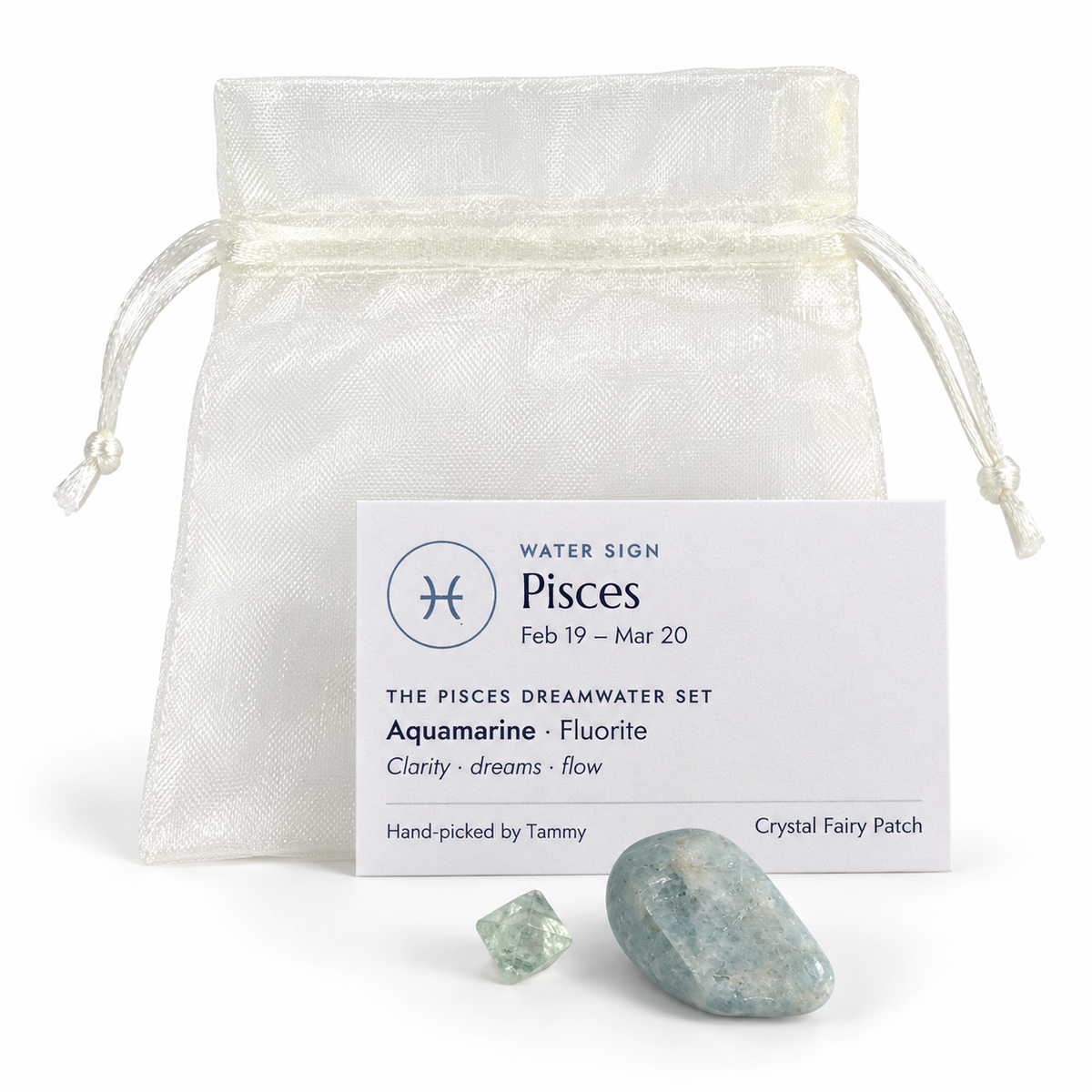 Pisces Dreamwater Set with Aquamarine, Fluorite, zodiac card and gift bag