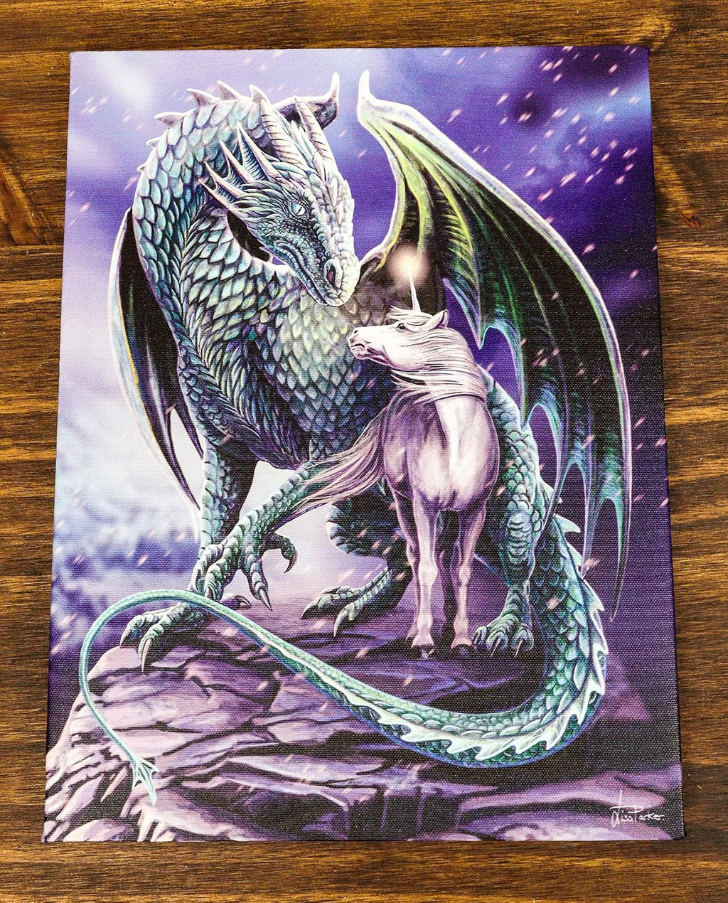 Protector Of Magick Dragon With Unicorn Canvas Framed Wall Art Wall Plaque - Lisa Parker - 7.5" W x 9.85"
