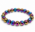 8mm Rainbow Hematite Beaded Bracelet, iridescent beads on white background