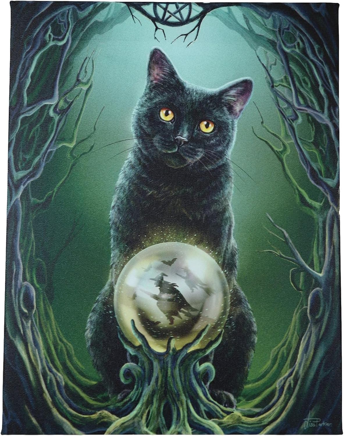 Rise Of The Witches Black Cat Scrying Canvas Framed Wall Art Wall Plaque - Lisa Parker - 7.5" W x 9.85"