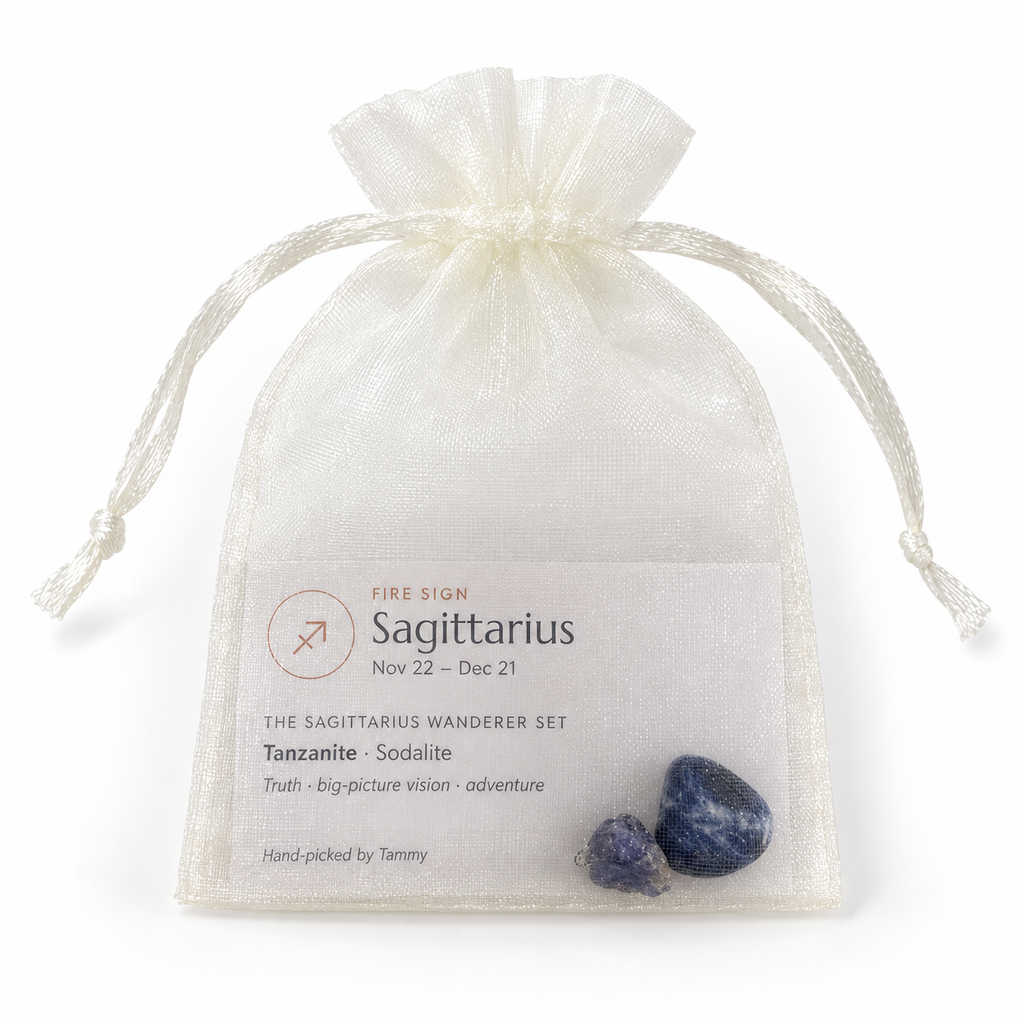 sagittarius crystal set and card inside ivory organza gift bag