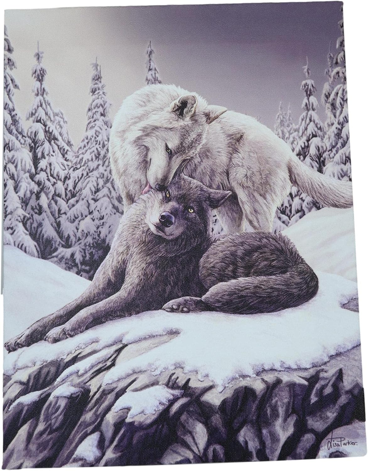 Snow Kisses Wolf Couple Canvas Framed Wall Art Wall Plaque - Lisa Parker - 7.5" W x 9.85"