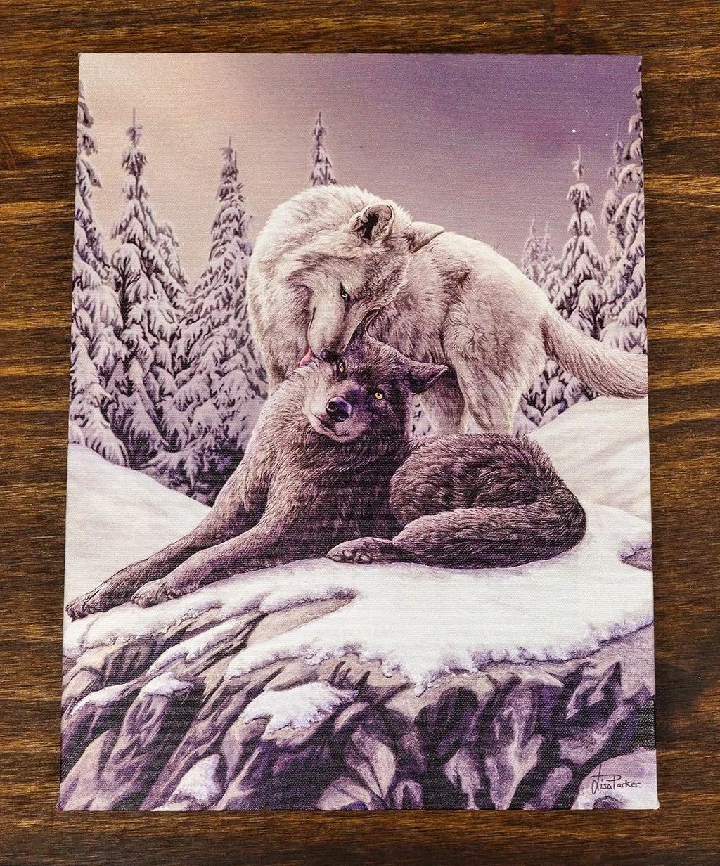 Snow Kisses Wolf Couple Canvas Framed Wall Art Wall Plaque - Lisa Parker - 7.5" W x 9.85"