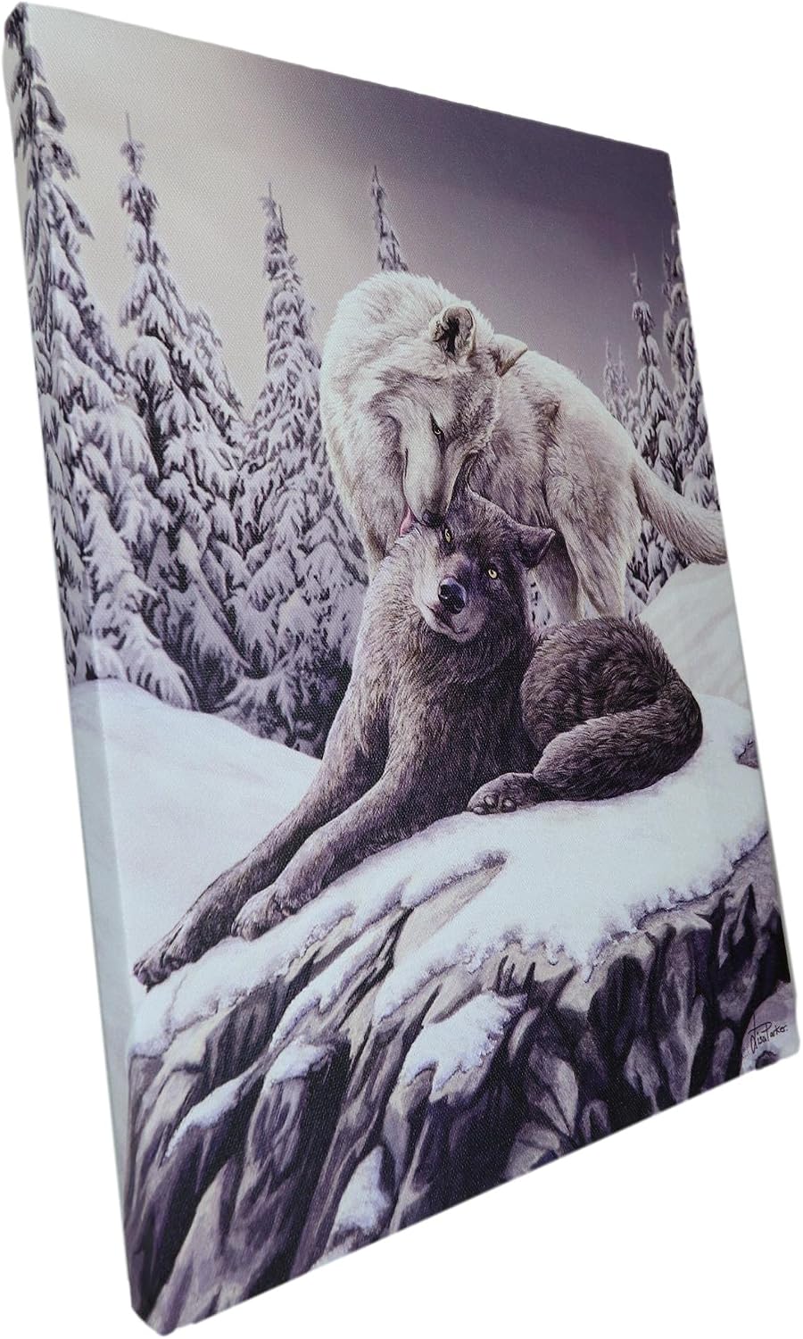 Snow Kisses Wolf Couple Canvas Framed Wall Art Wall Plaque - Lisa Parker - 7.5" W x 9.85"
