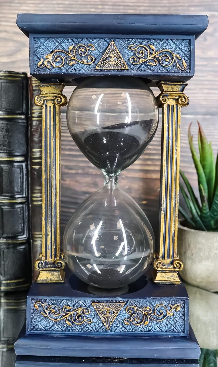 Antiqued Vintage Baroque Style Blue and Gold Freemasons Freemasonry Masonic Square and Compasses Monogram Decorative Sand Timer with Victorian Pillars Figurine Sandtimer Sculpture