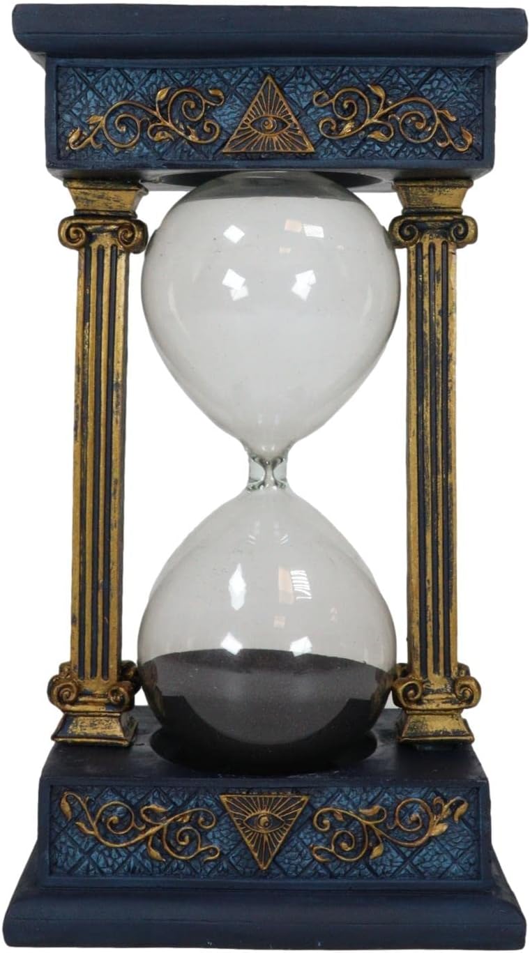 Antiqued Vintage Baroque Style Blue and Gold Freemasons Freemasonry Masonic Square and Compasses Monogram Decorative Sand Timer with Victorian Pillars Figurine Sandtimer Sculpture
