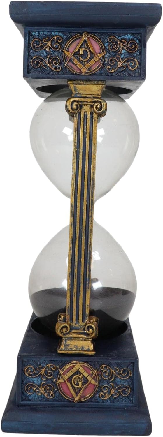 Antiqued Vintage Baroque Style Blue and Gold Freemasons Freemasonry Masonic Square and Compasses Monogram Decorative Sand Timer with Victorian Pillars Figurine Sandtimer Sculpture