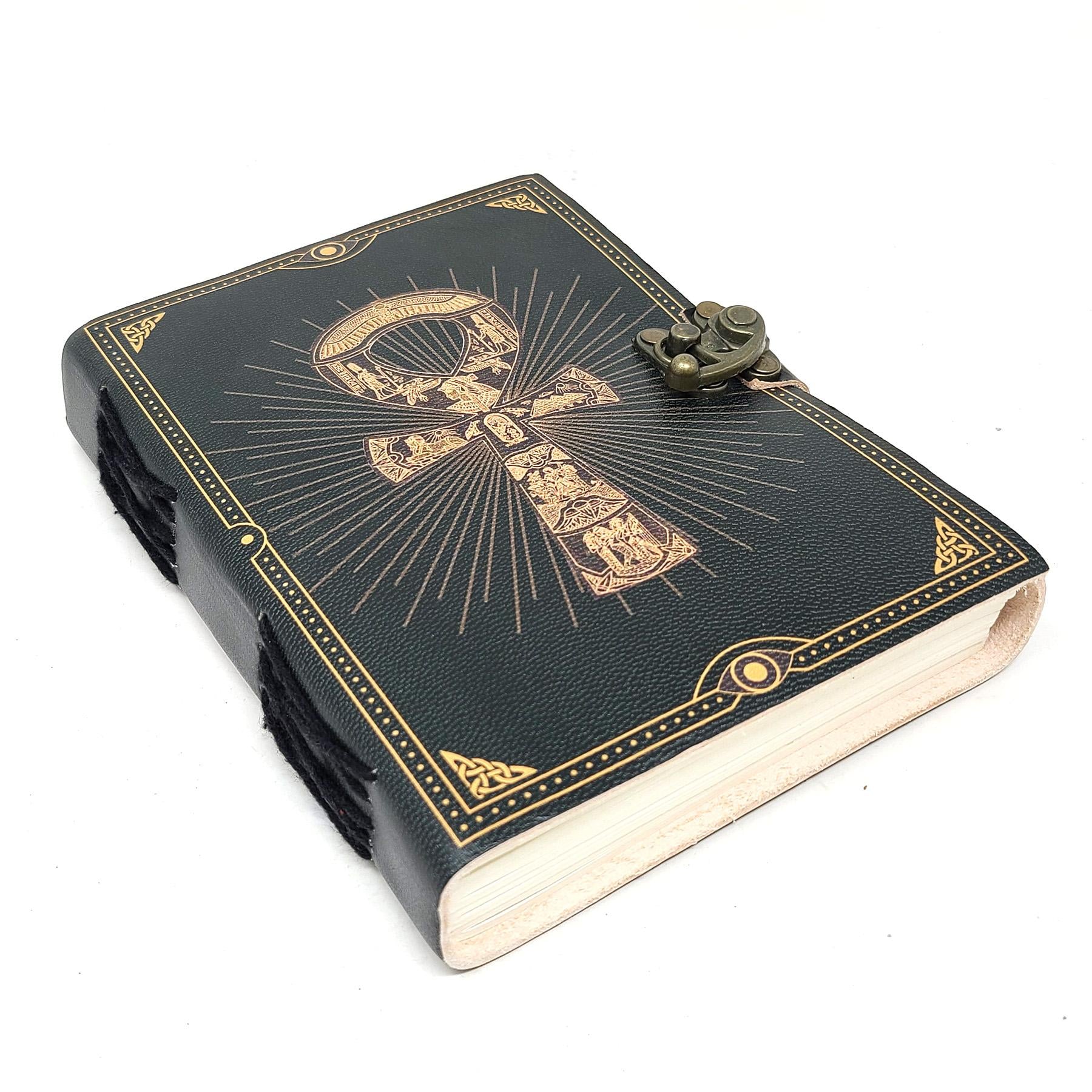 Ankh Print on Black Leather Journal 5x7" with Latch Closure