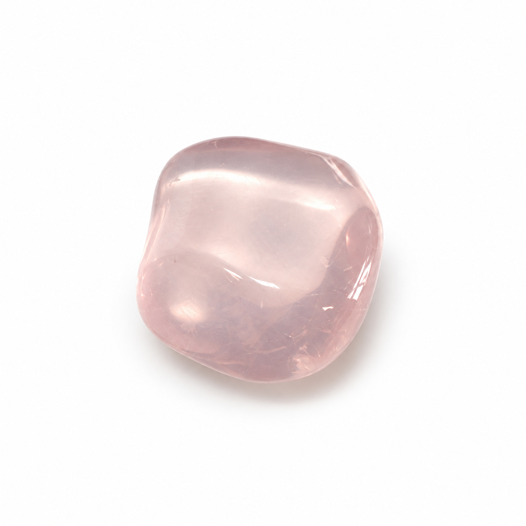 Polished pale pink translucent Rose Quartz on white