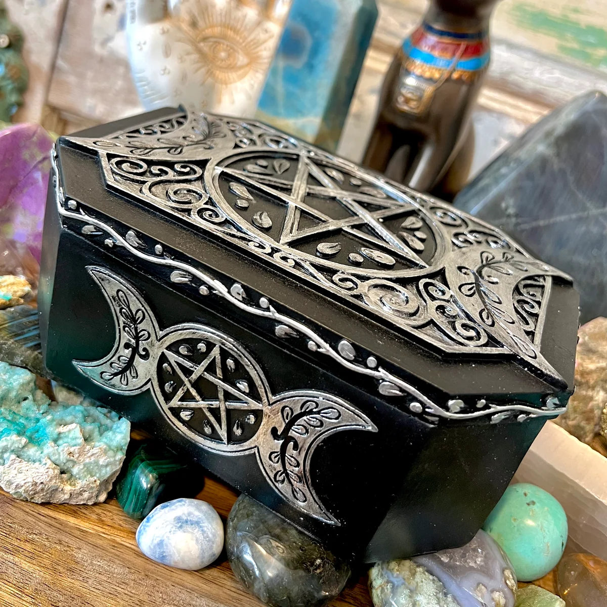 Triple Moon Storage Box | 7" x 5" x 2.5" inches Decorative Card Holder for Tarot, Oracle & Spiritual Accessories