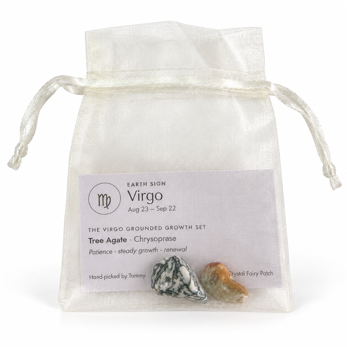 Virgo crystal set and printed zodiac card inside an ivory organza gift bag