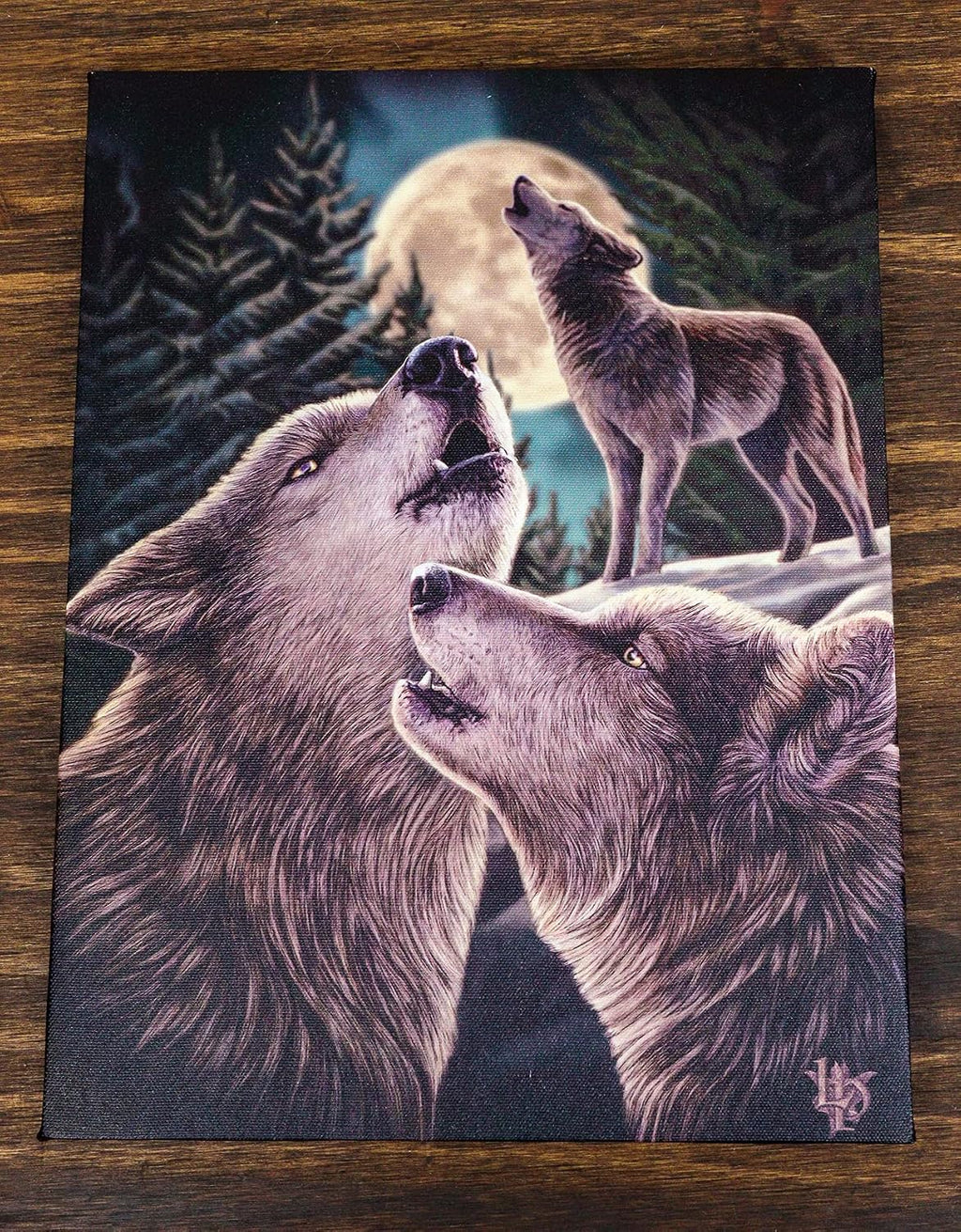 Wolf Song Howling Wolves With Full Moon Canvas Framed Wall Art Wall Plaque - Lisa Parker - 7.5" W x 9.85"