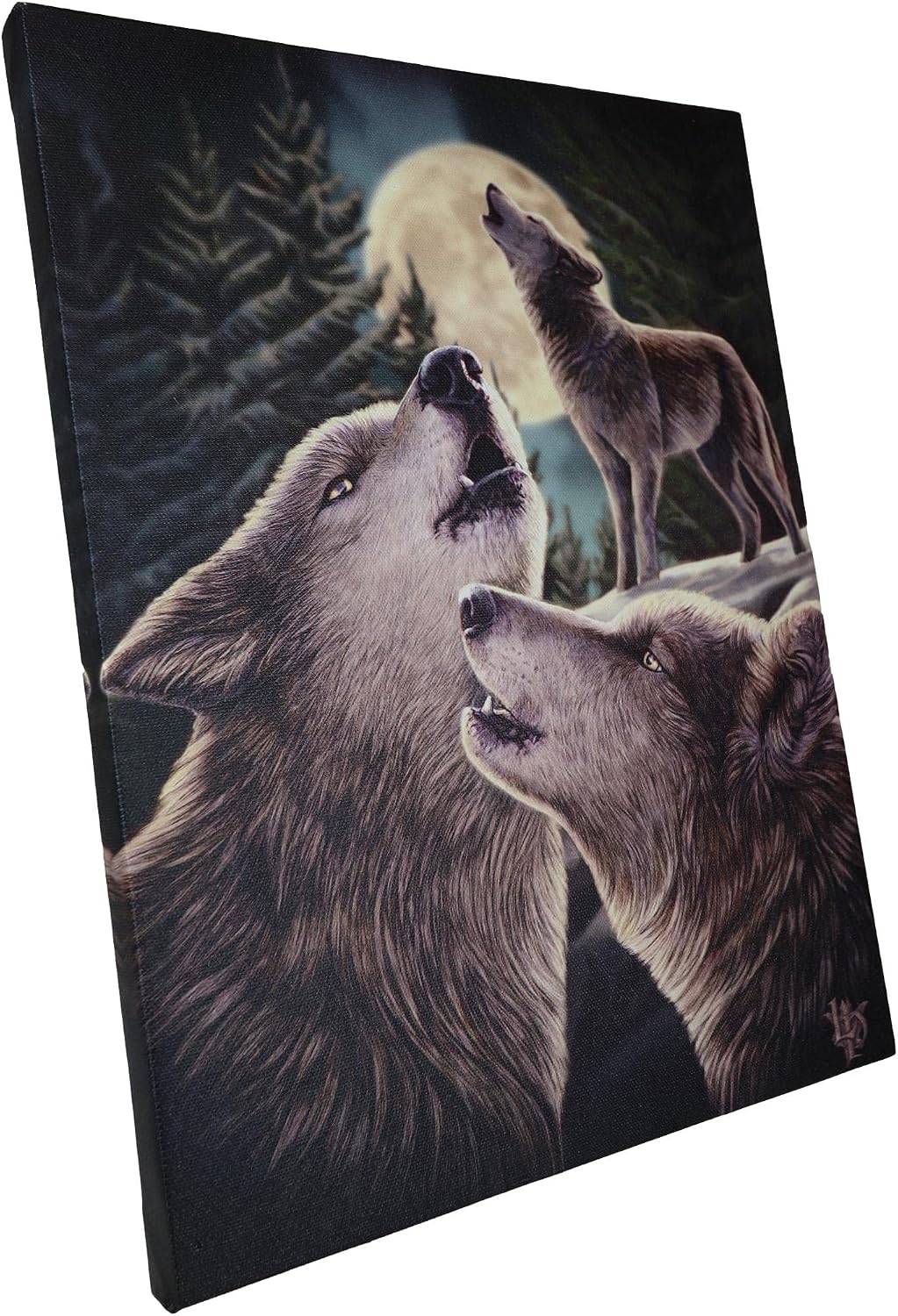 Wolf Song Howling Wolves With Full Moon Canvas Framed Wall Art Wall Plaque - Lisa Parker - 7.5" W x 9.85"