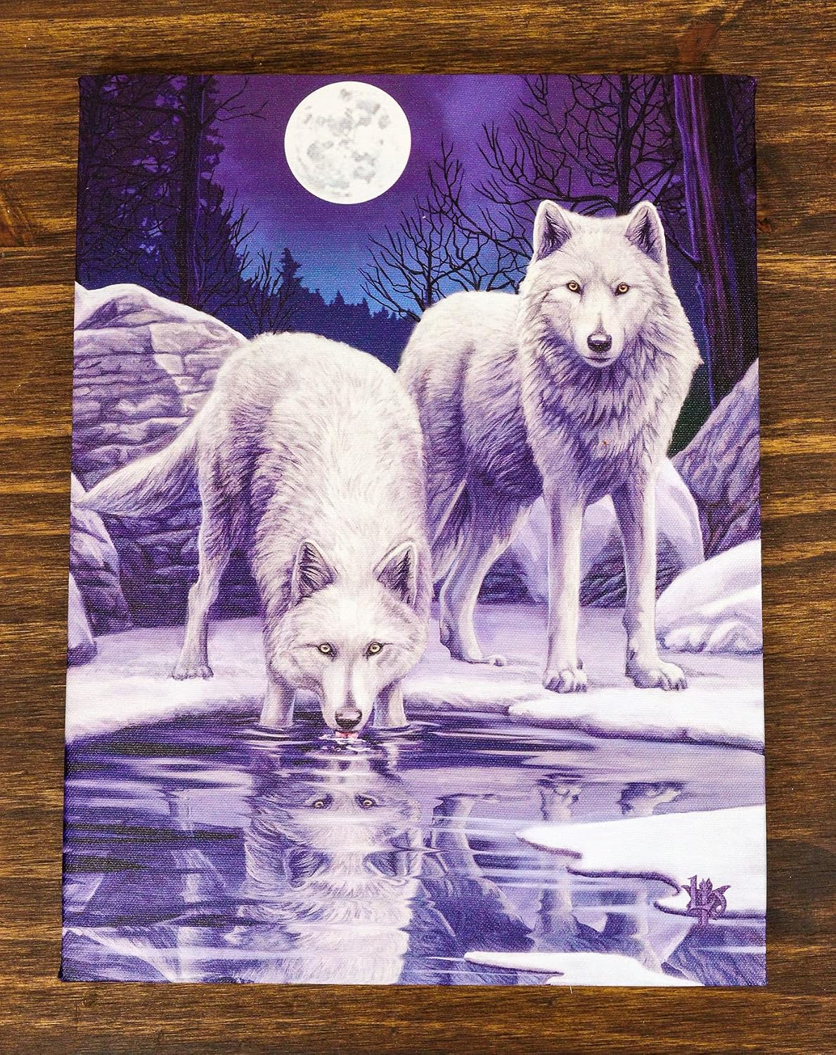 Winter Warrior Frozen Snow Wolves With Full Moon Canvas Framed Wall Art Wall Plaque - Lisa Parker - 7.5" W x 9.85"