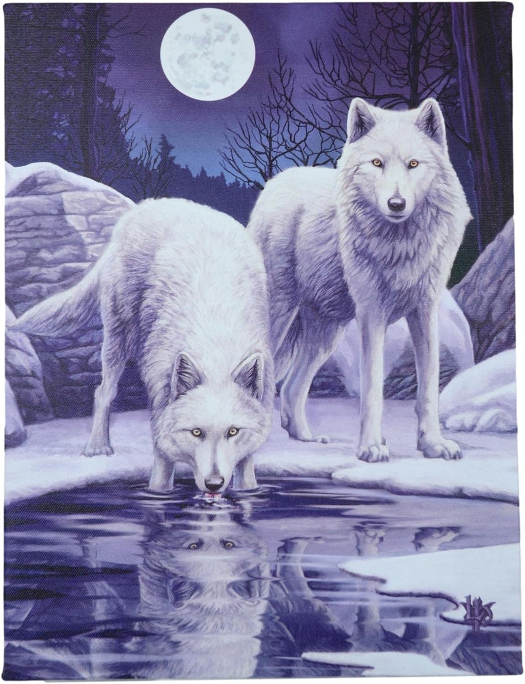 Winter Warrior Frozen Snow Wolves With Full Moon Canvas Framed Wall Art Wall Plaque - Lisa Parker - 7.5" W x 9.85"
