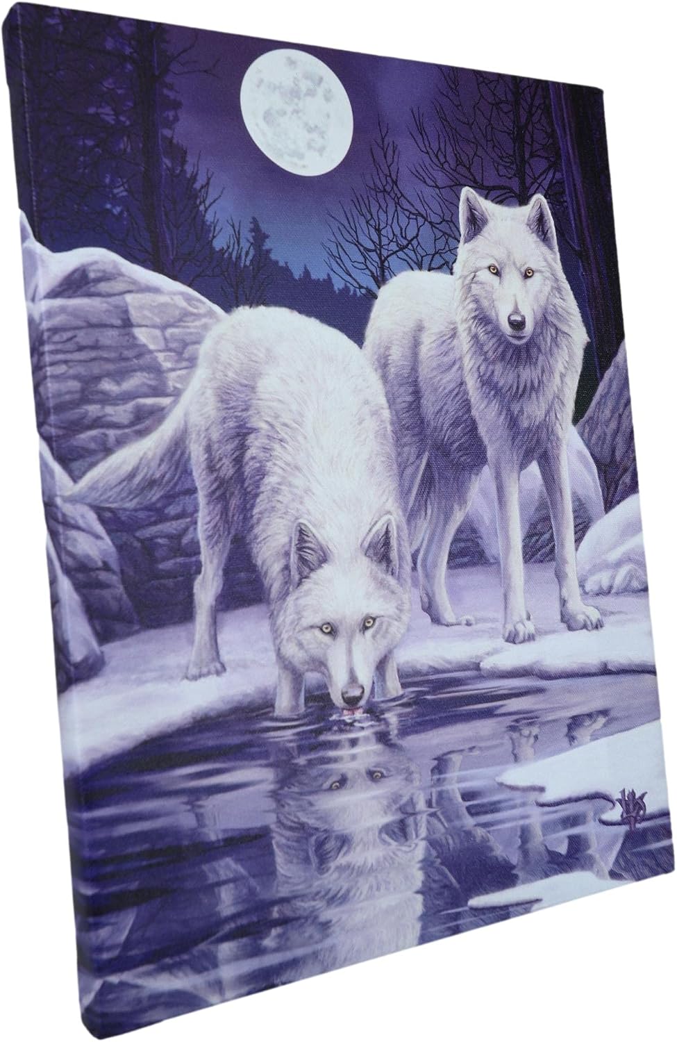 Winter Warrior Frozen Snow Wolves With Full Moon Canvas Framed Wall Art Wall Plaque - Lisa Parker - 7.5" W x 9.85"